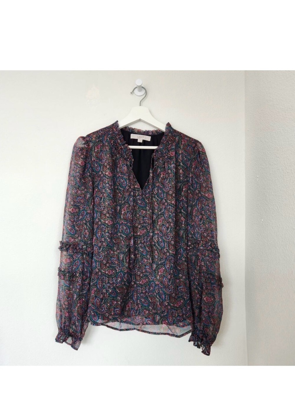 LOFT Paisley Sheer Ruffle-Neck Blouse in Navy Multi